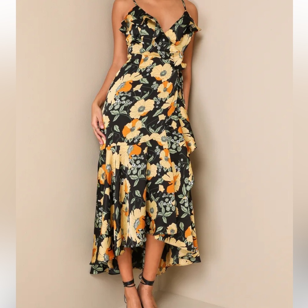 Lulu's One Shoulder Floral Dress in Black and Yellow